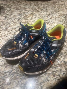 Brooks Black Running Shoes with Blue and Neon Yellow Accents